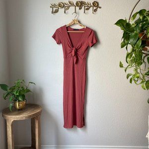 Urban Outfitters Tie-Front Ribbed Midi Dress Rose S